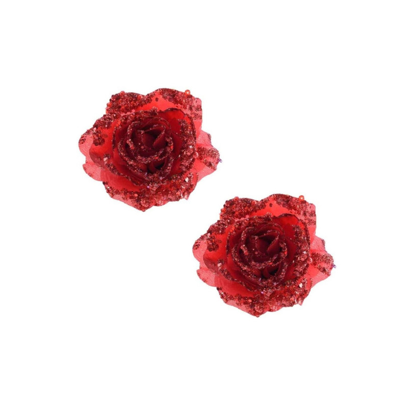 10x stuks rode glitter roos met clip