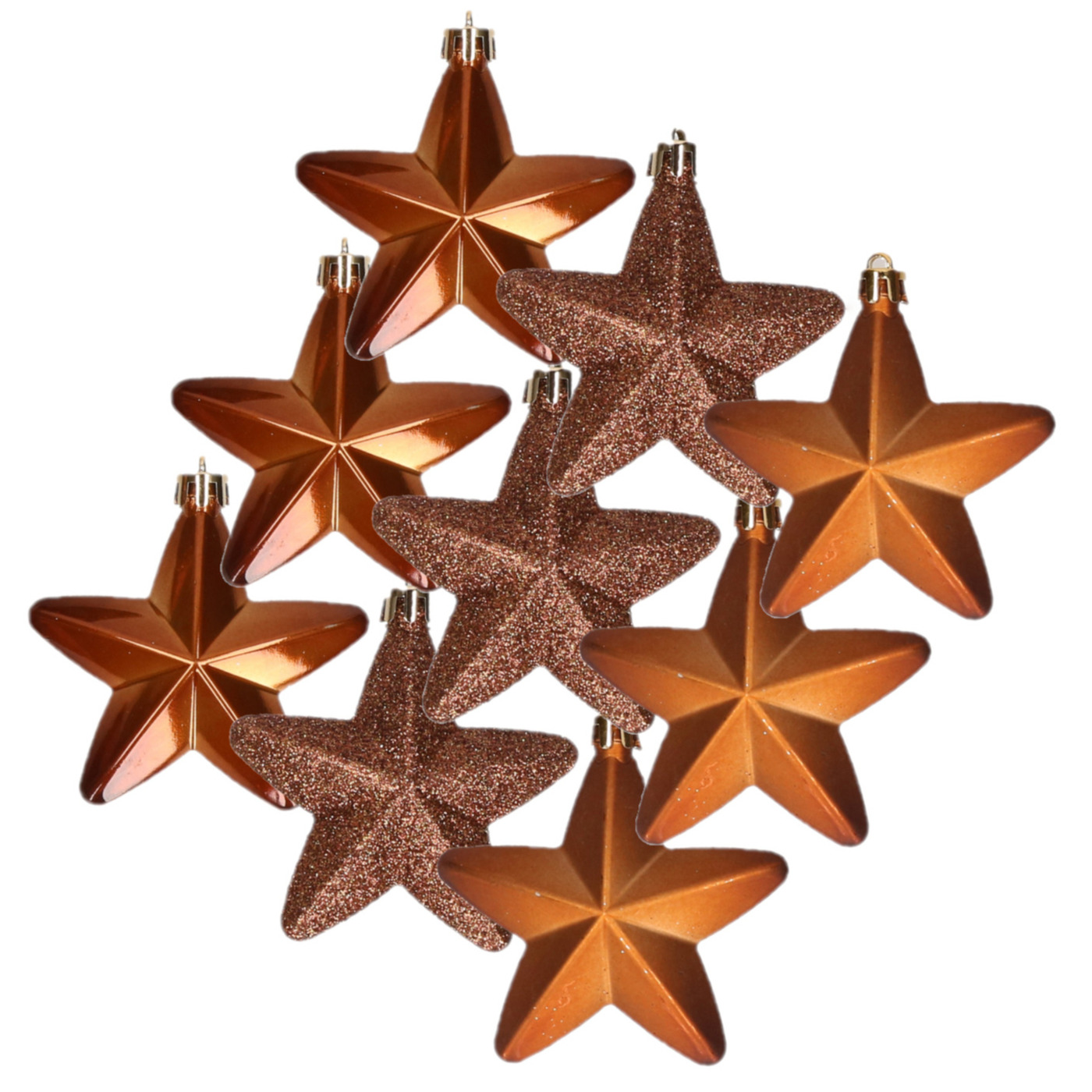 12x stuks kunststof sterren kersthangers kaneel bruin 7 cm