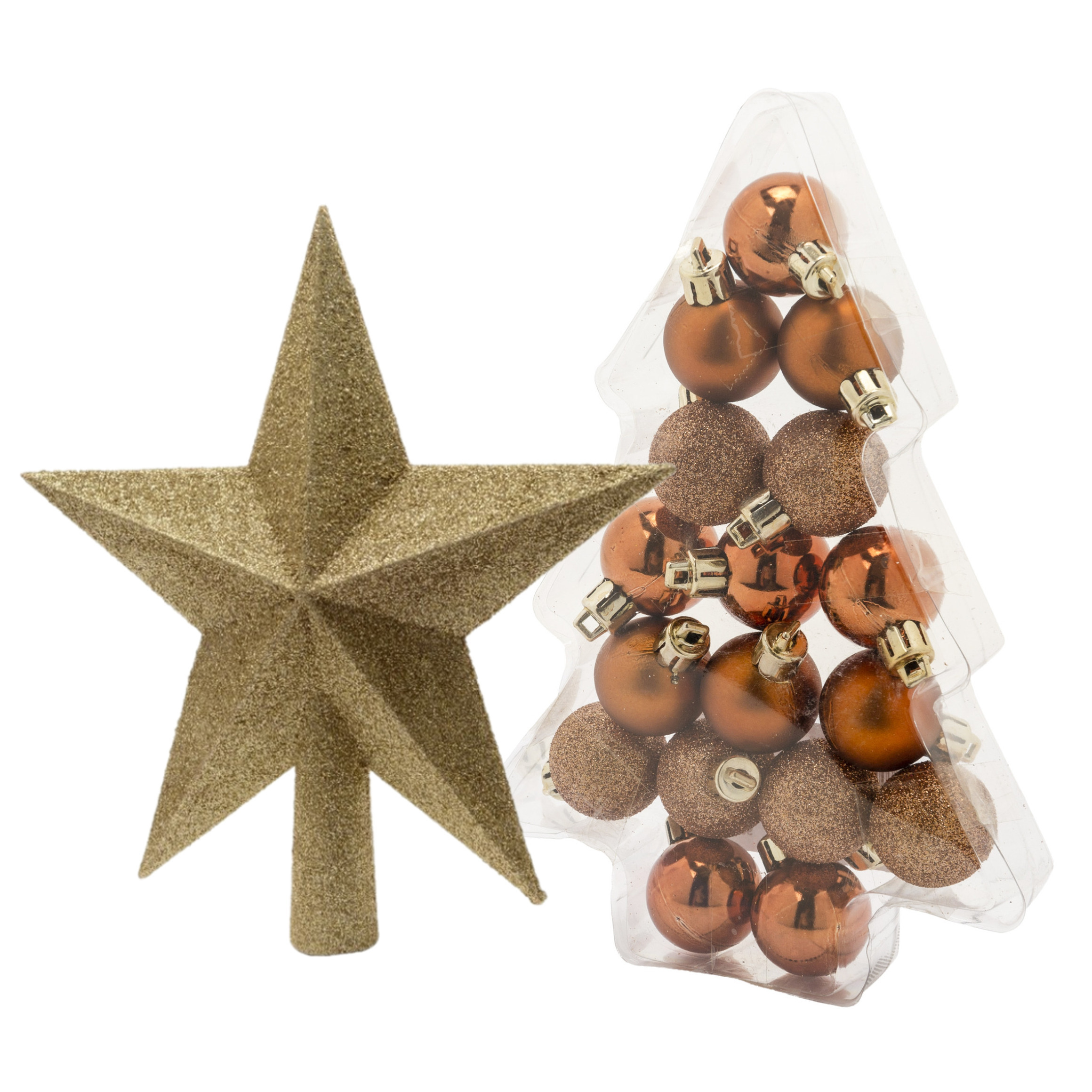 17x stuks kerstballen koper 3 cm inclusief ster piek goud kunststof