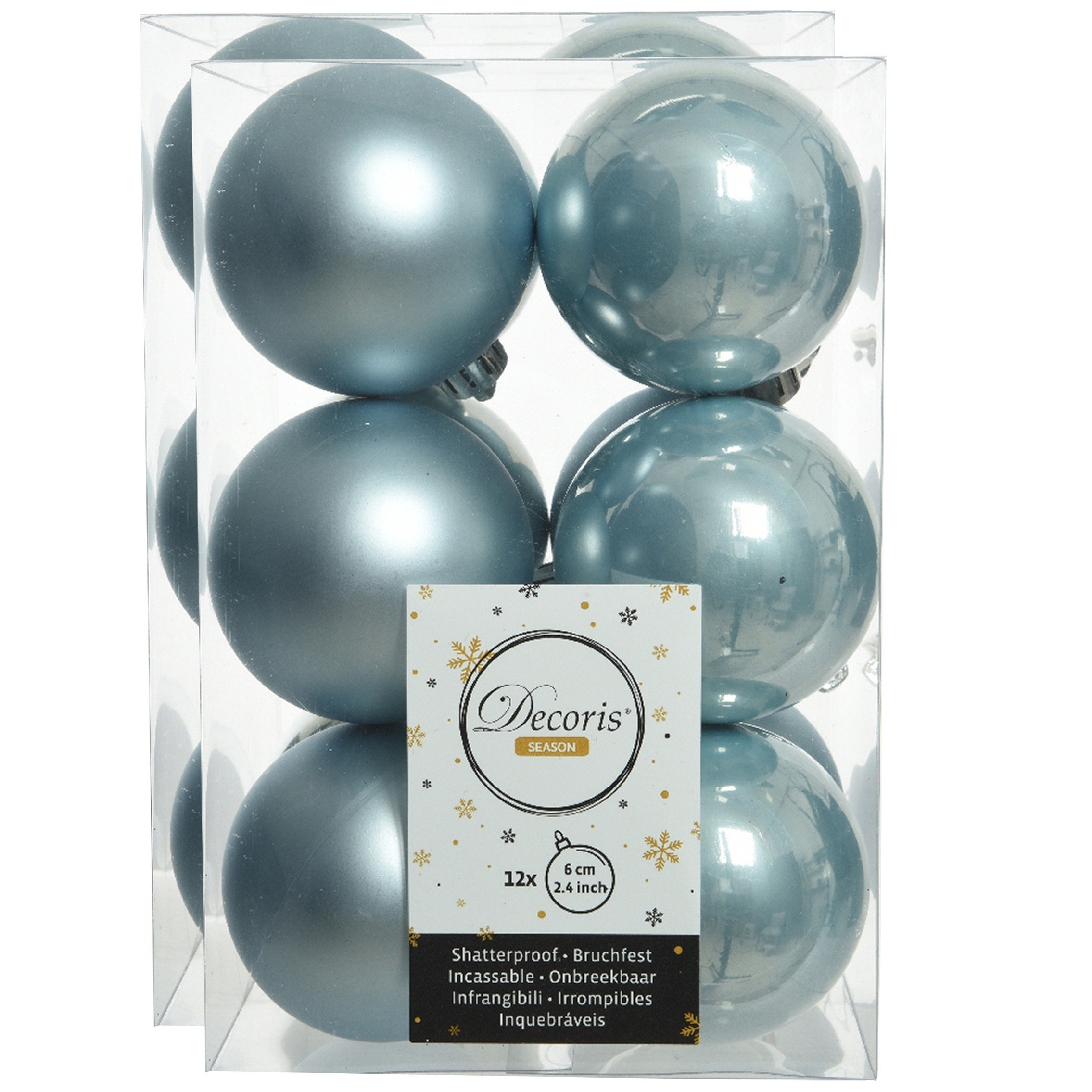 24x stuks kunststof kerstballen lichtblauw 6 cm glans/mat
