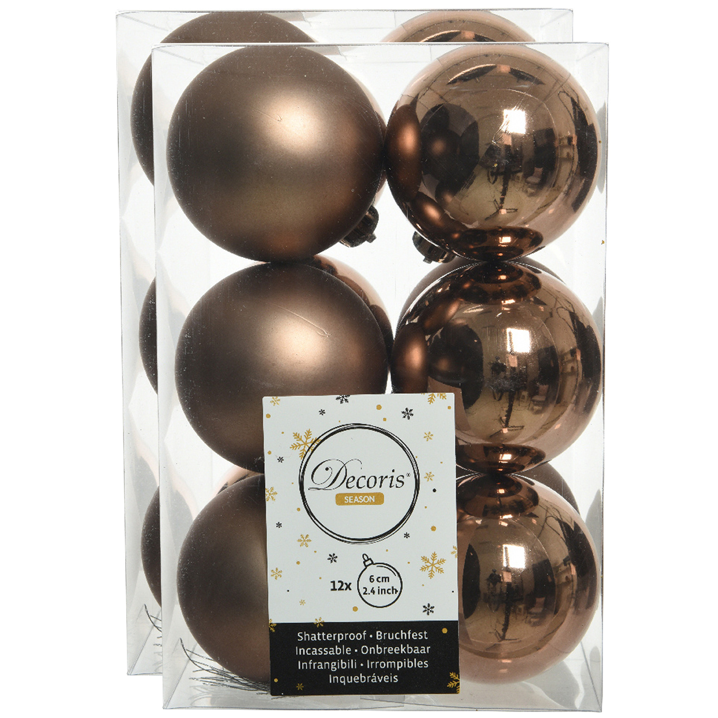 24x stuks kunststof kerstballen walnoot bruin 6 cm glans/mat