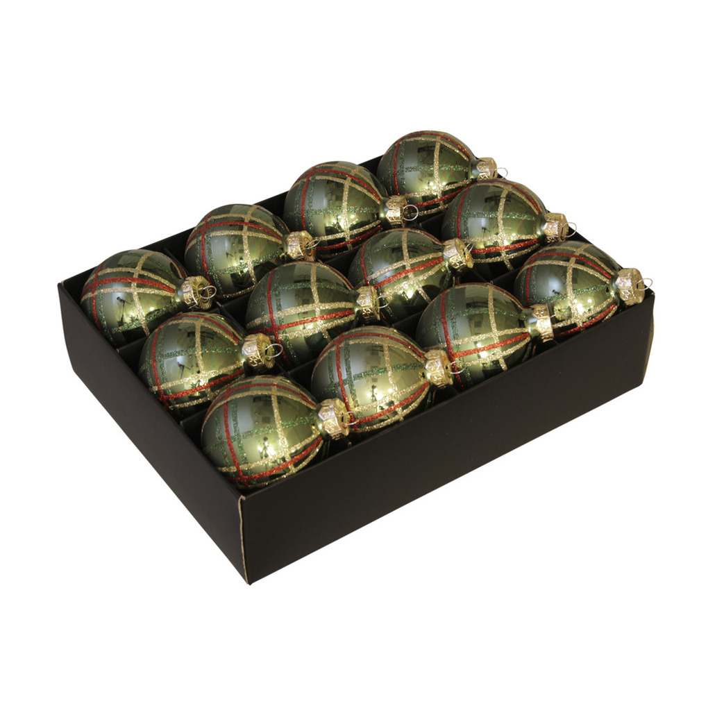 24x stuks luxe glazen gedecoreerde kerstballen groen schotse ruit 7,5 cm