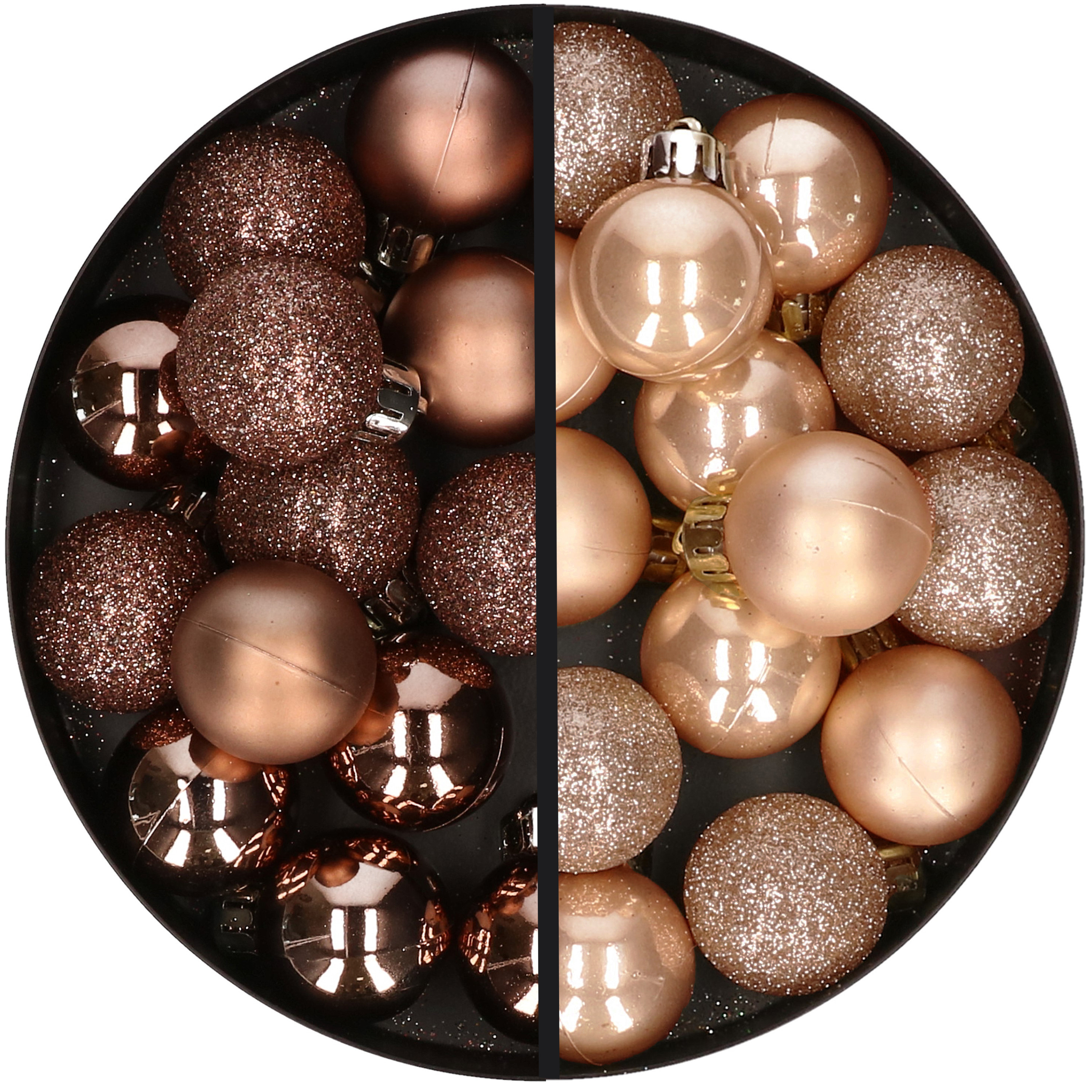 28x stuks kleine kunststof kerstballen lichtbruin en bruin 3 cm