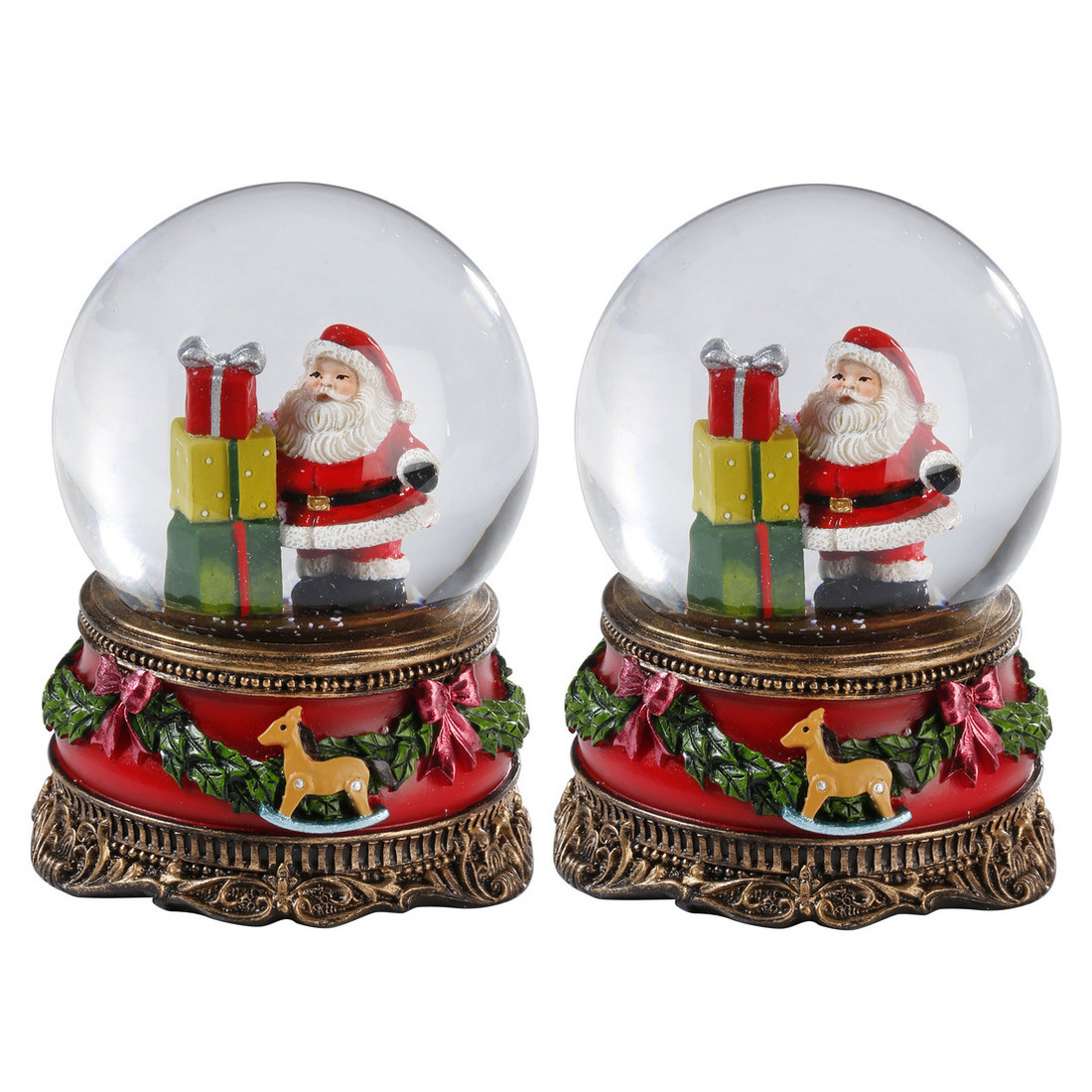 2x Sneeuwbollen/snowglobes kerstman met cadeaus 9 cm