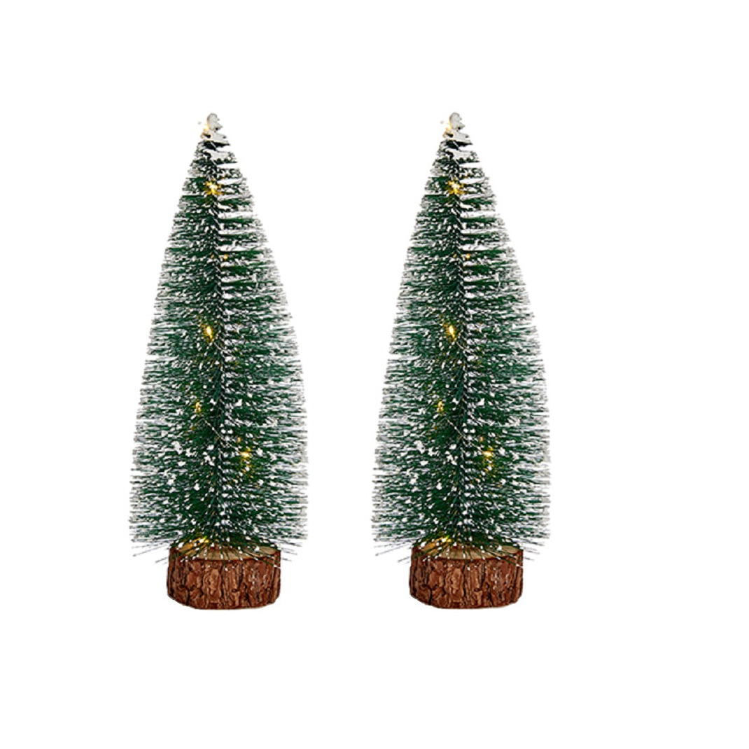 2x stuks kleine/mini decoratie kerstboompjes van 30 cm met witte LED lichtjes