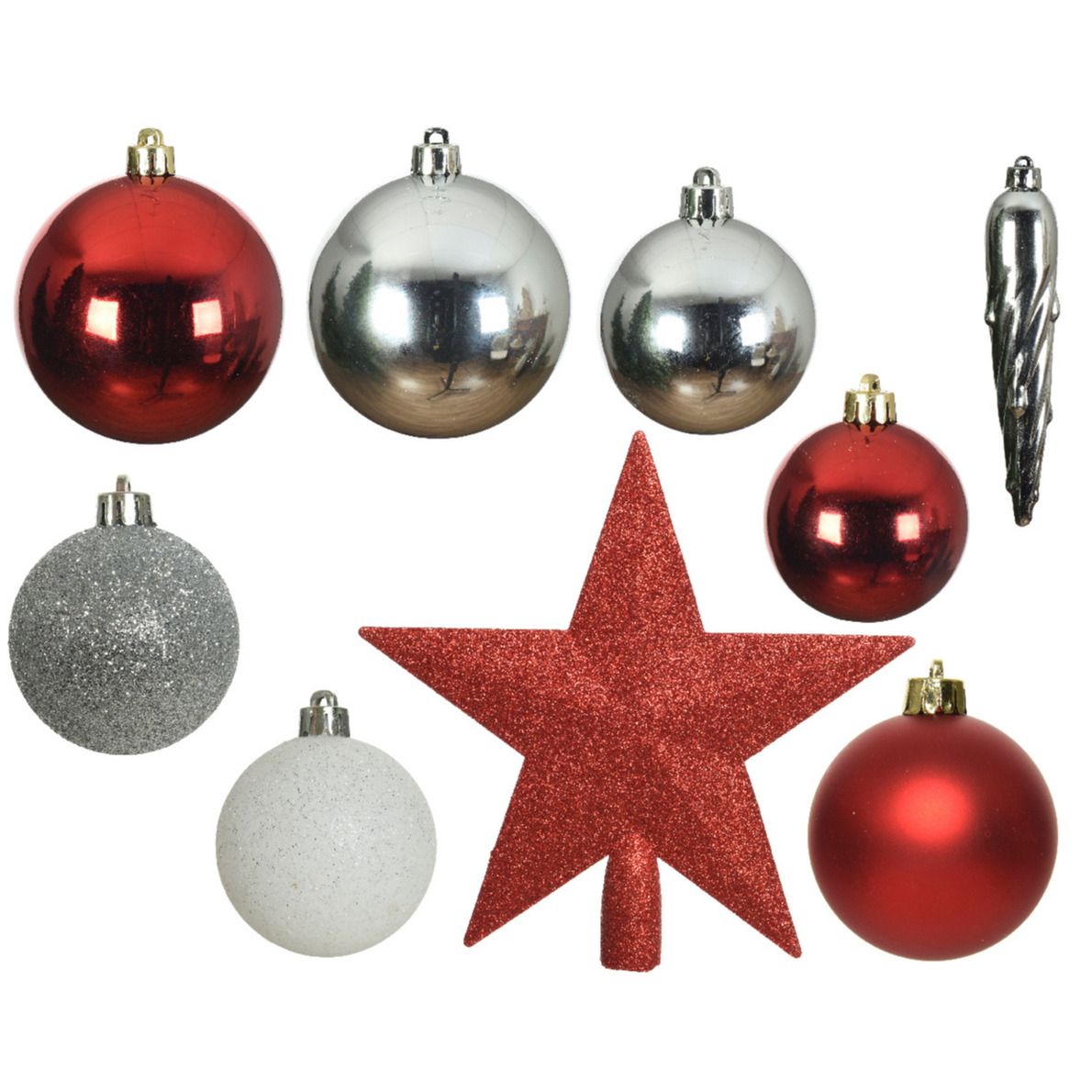 33x stuks kunststof kerstballen met piek rood/wit/zilver 5-6-8 cm