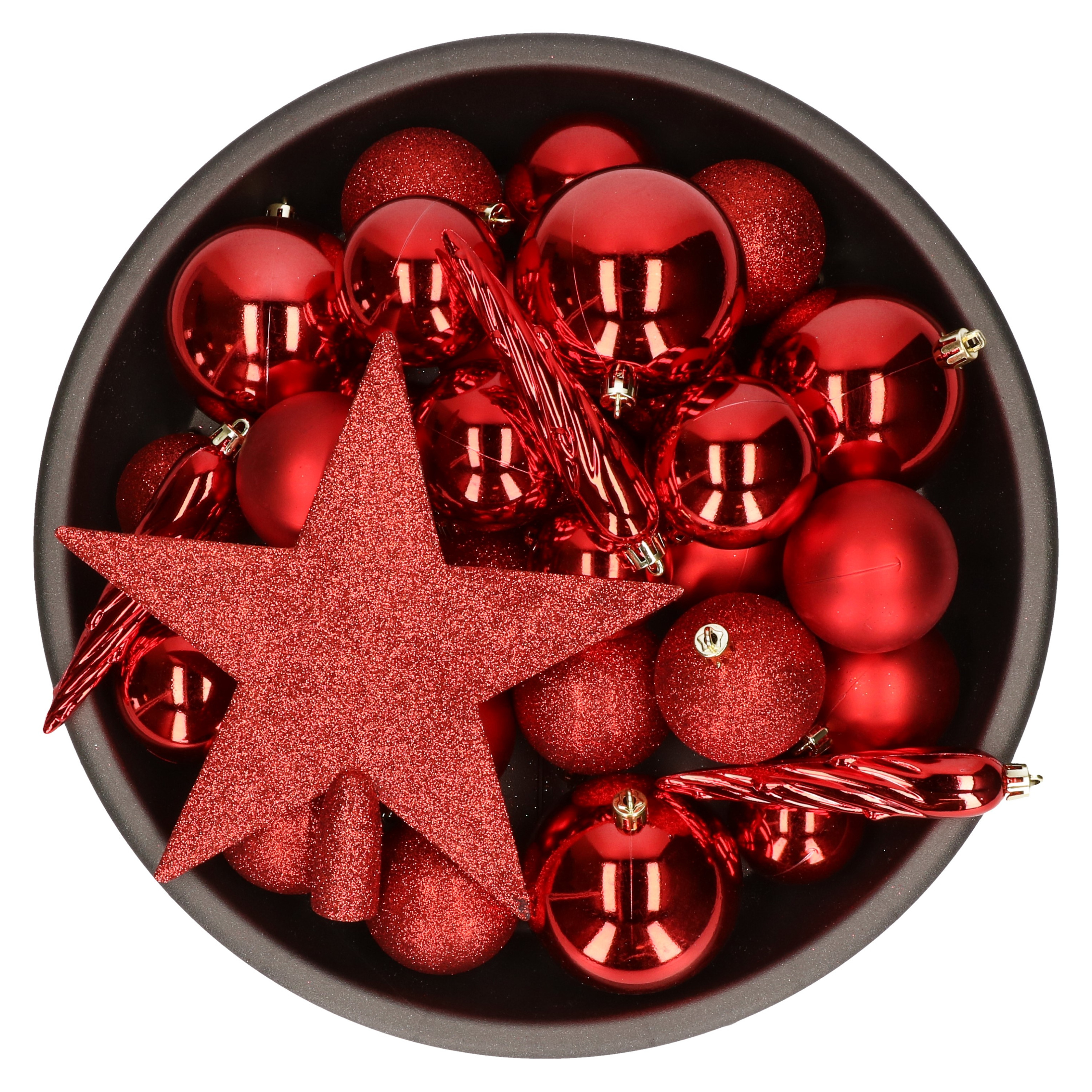 33x stuks kunststof kerstballen rood met ster piek 5-6-8 cm mix