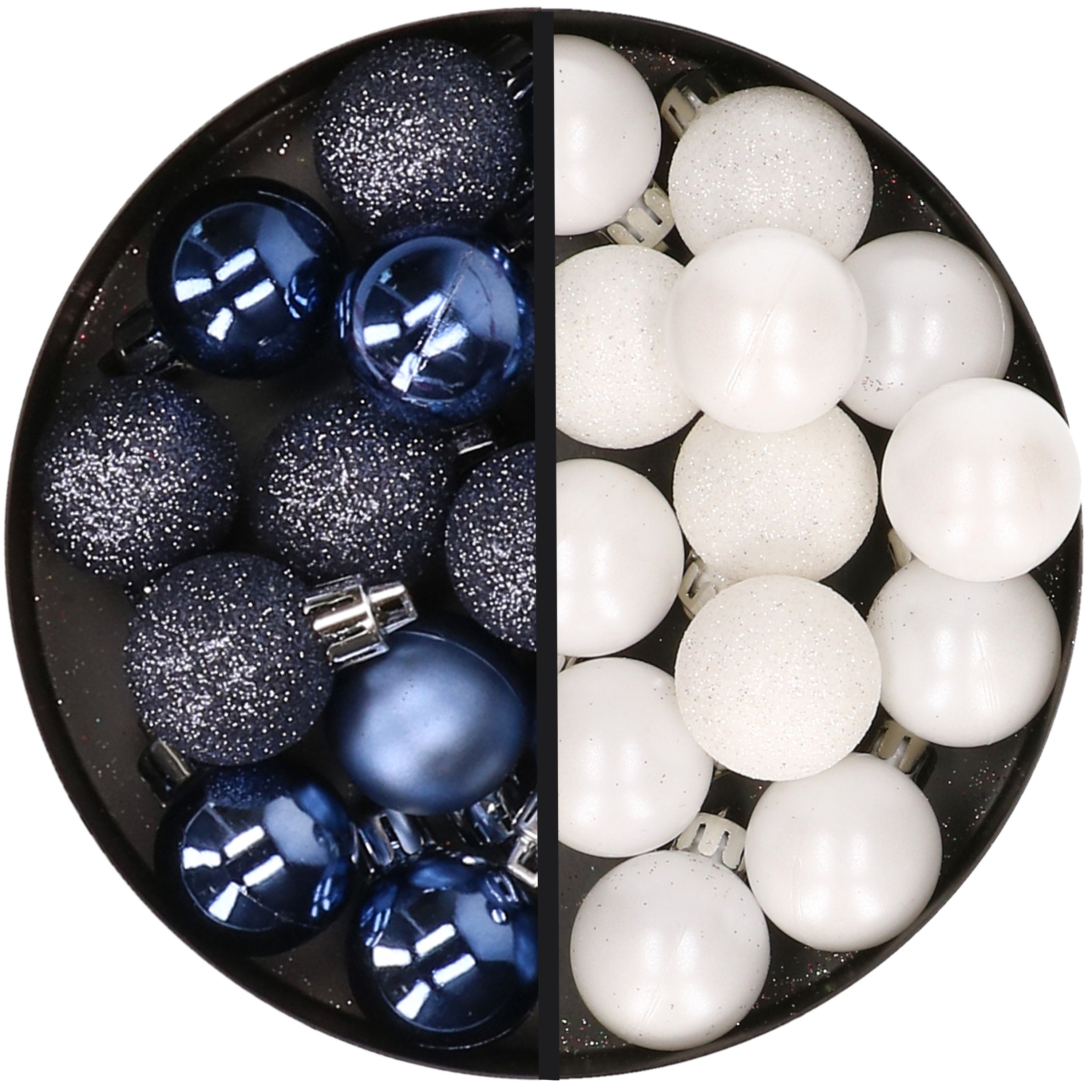34x stuks kunststof kerstballen donkerblauw en wit 3 cm