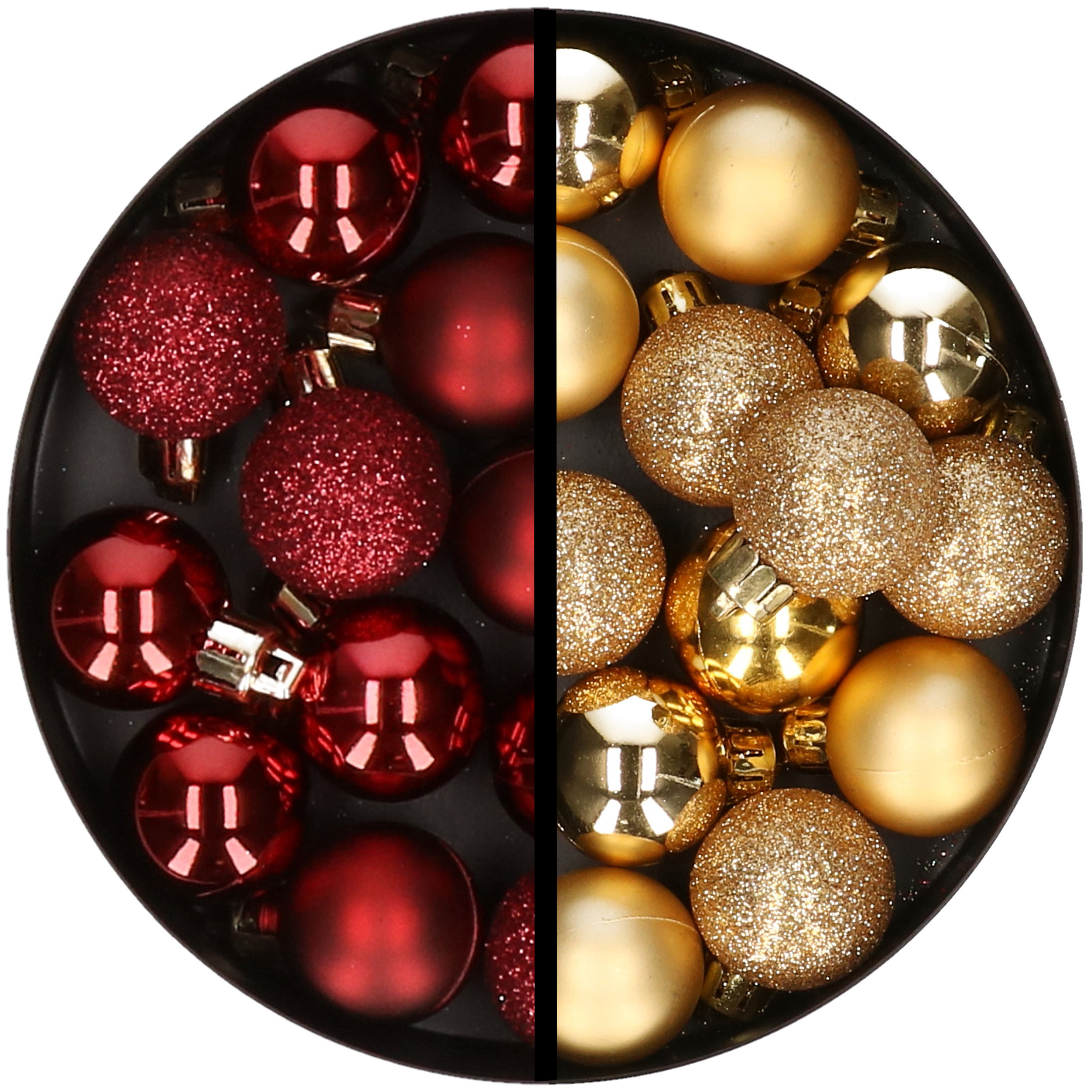 34x stuks kunststof kerstballen donkerrood en goud 3 cm