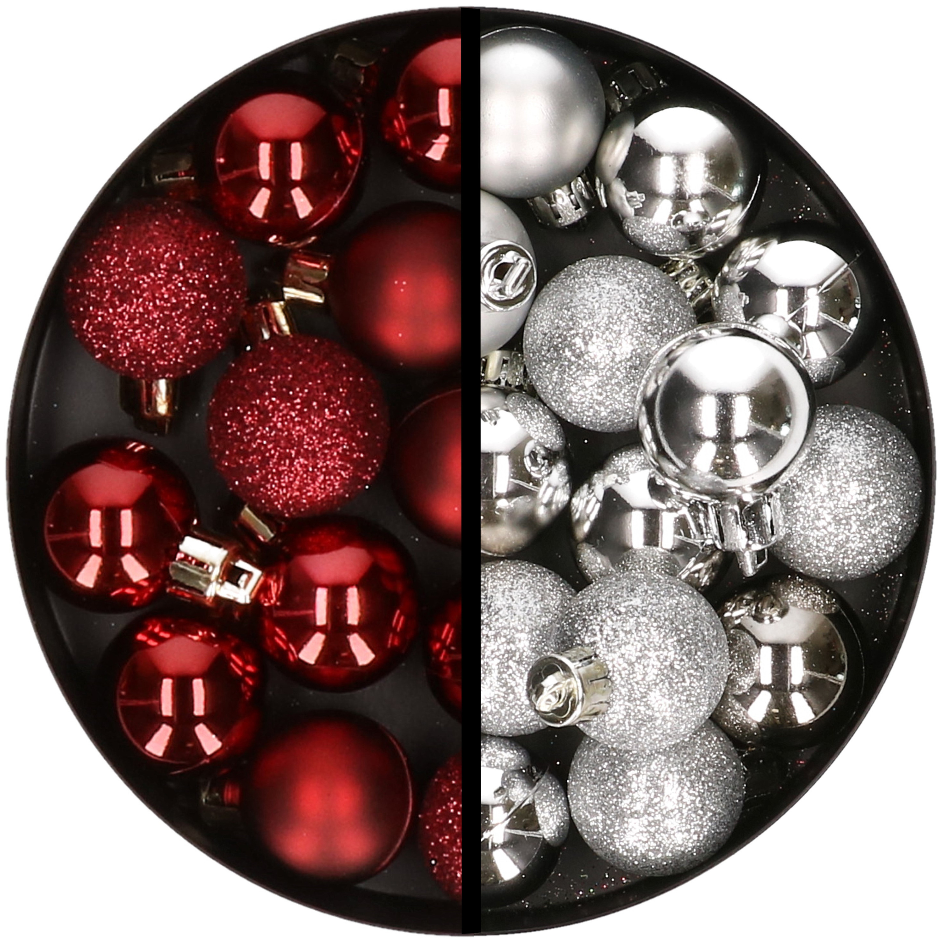 34x stuks kunststof kerstballen donkerrood en zilver 3 cm
