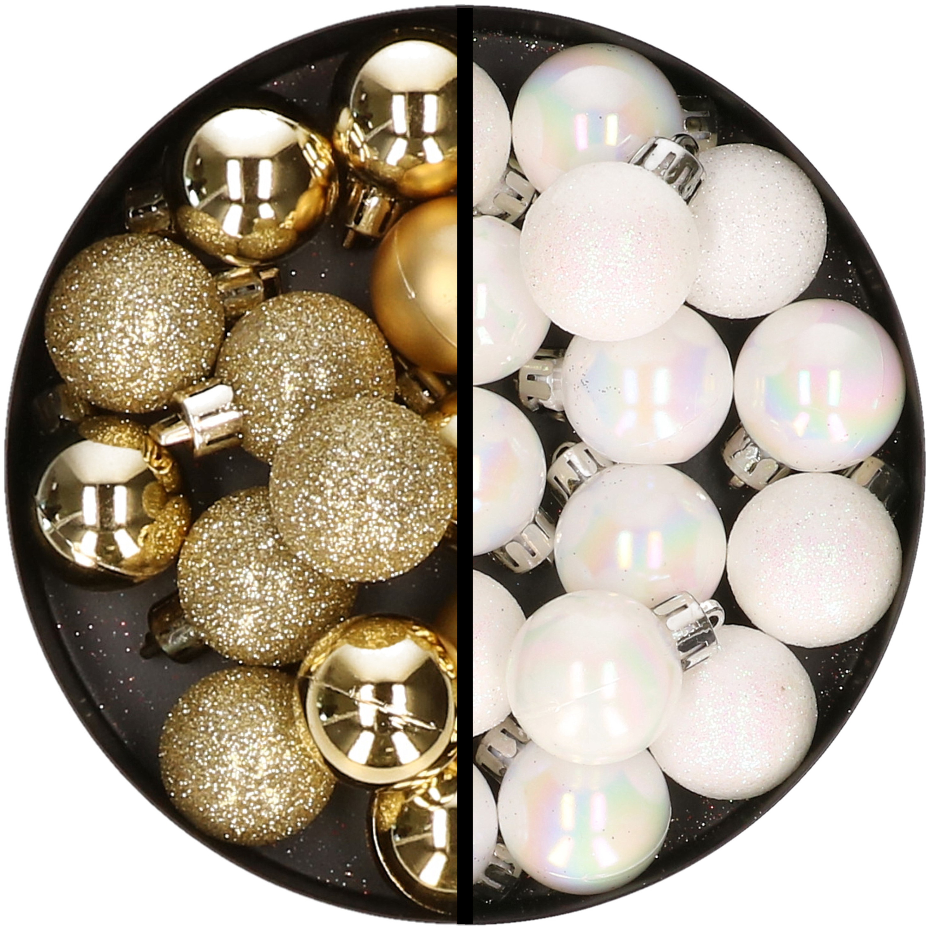 34x stuks kunststof kerstballen goud en parelmoer wit 3 cm