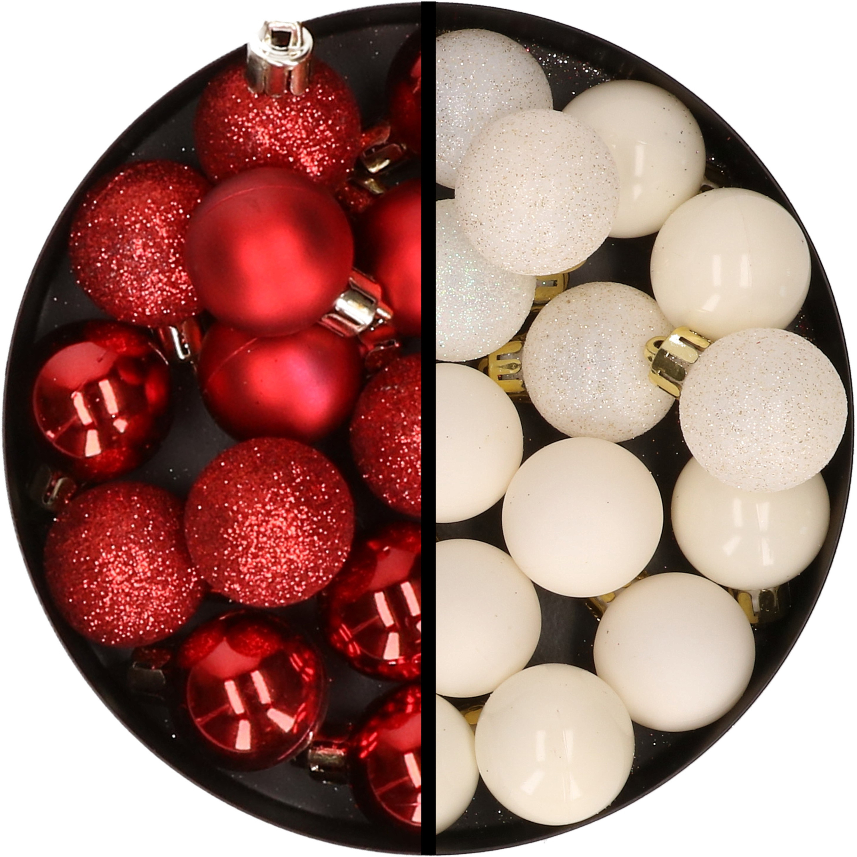 34x stuks kunststof kerstballen rood en wol wit 3 cm