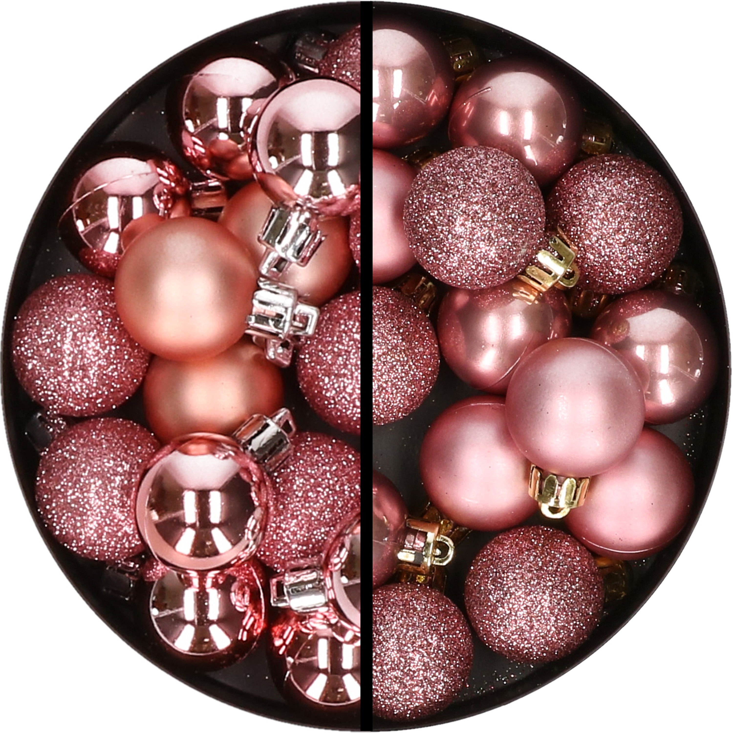 34x stuks kunststof kerstballen roze en oudroze 3 cm