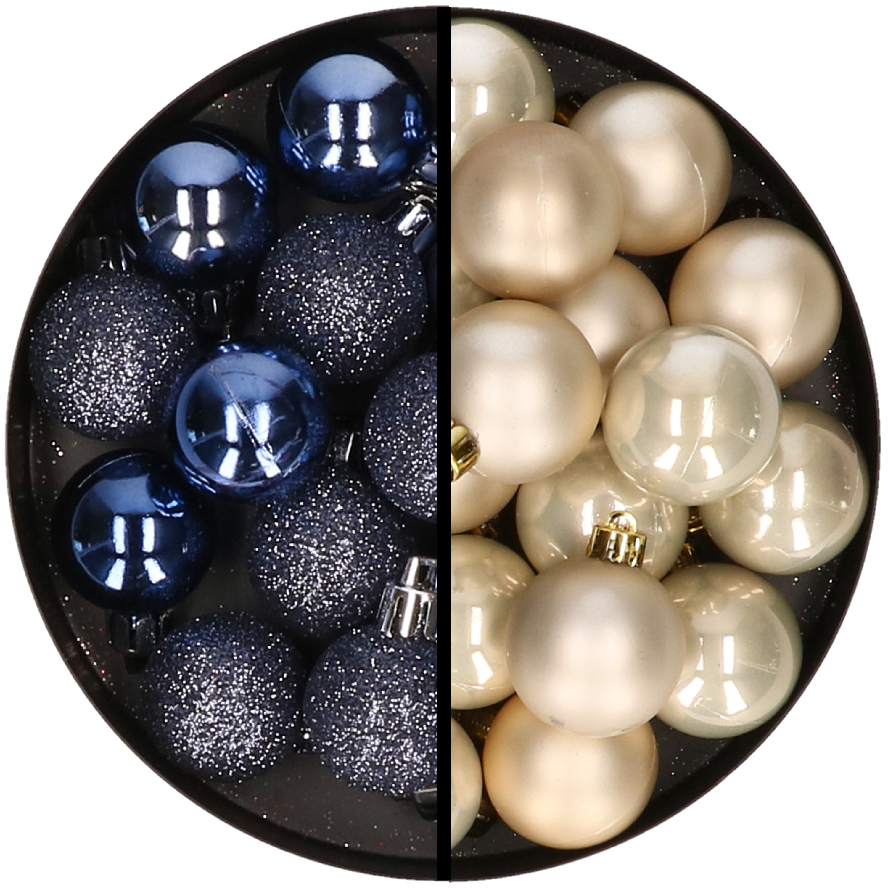 36x stuks kunststof kerstballen donkerblauw en champagne 3 en 4 cm