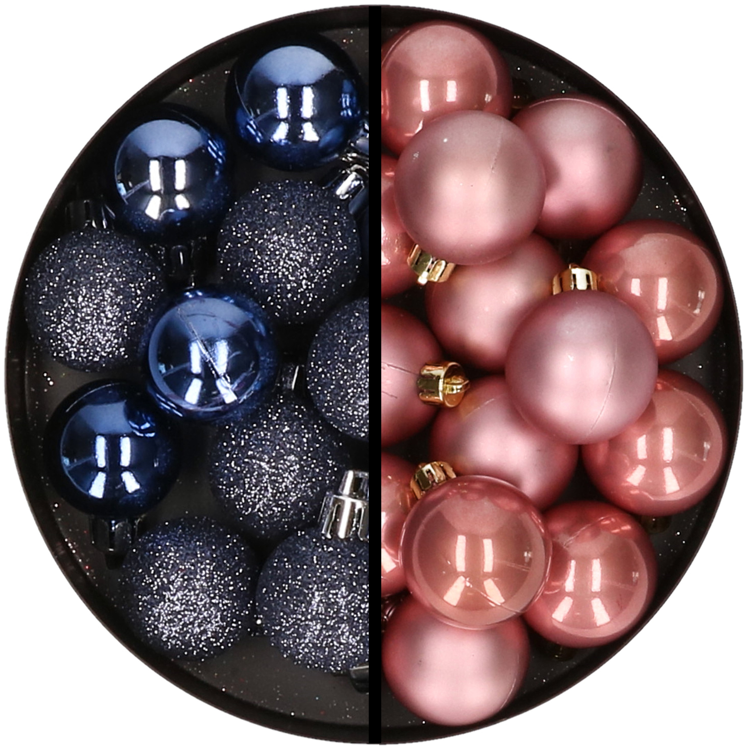 36x stuks kunststof kerstballen donkerblauw en oudroze 3 en 4 cm