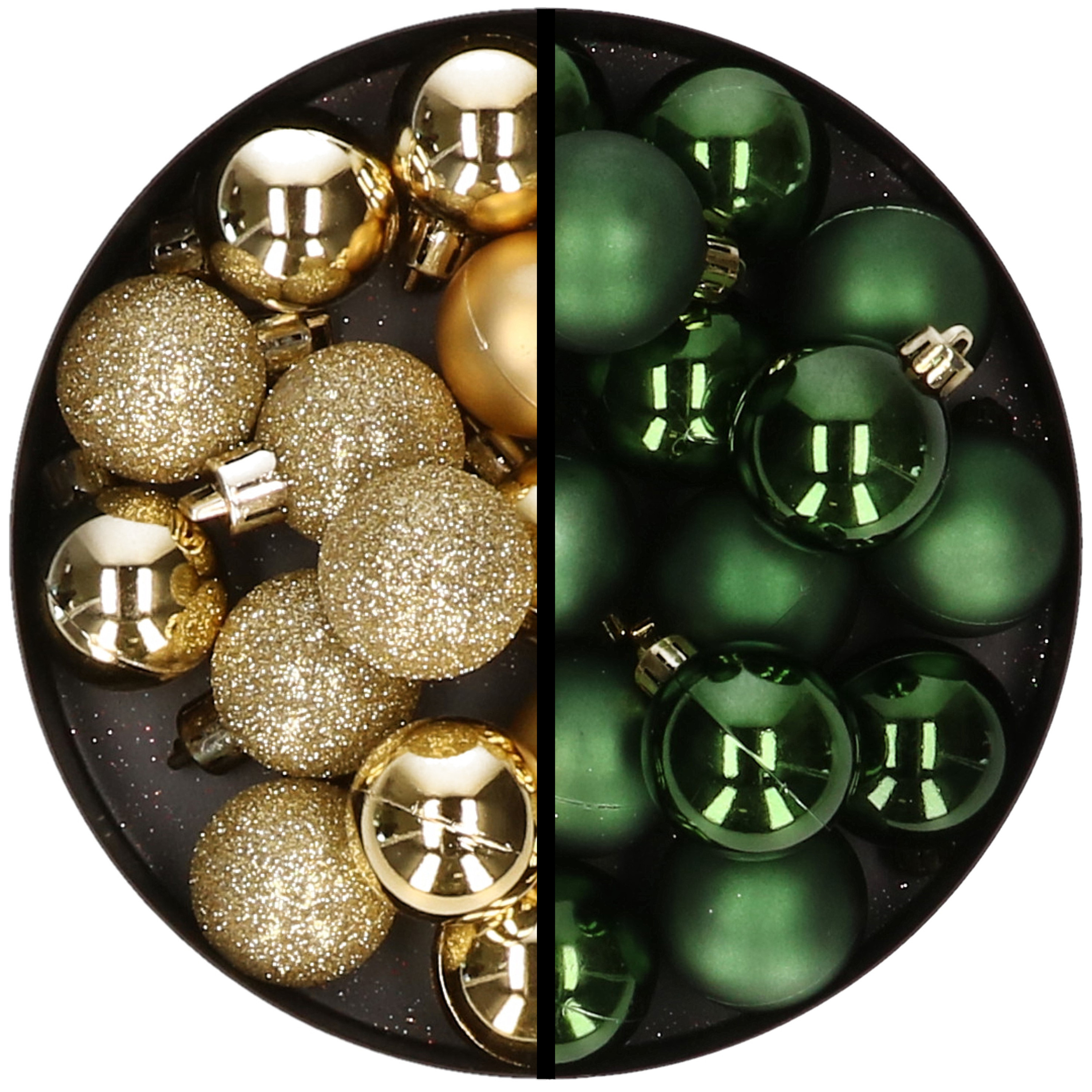 36x stuks kunststof kerstballen goud en donkergroen 3 en 4 cm