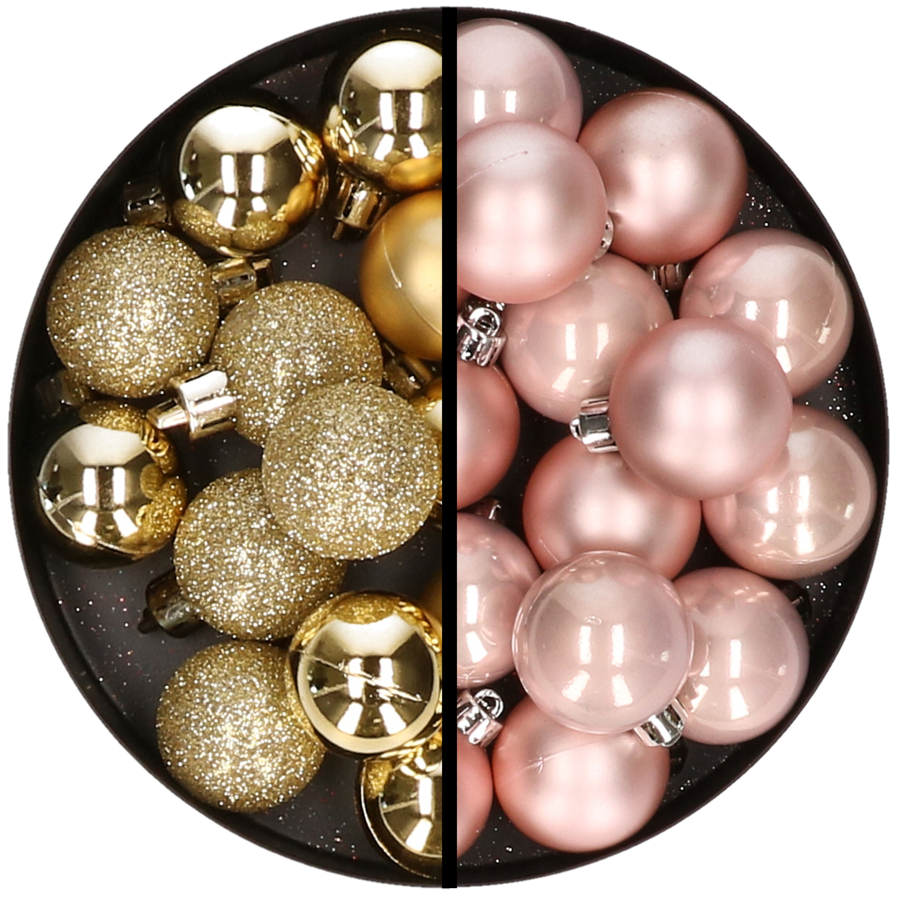 36x stuks kunststof kerstballen goud en lichtroze 3 en 4 cm