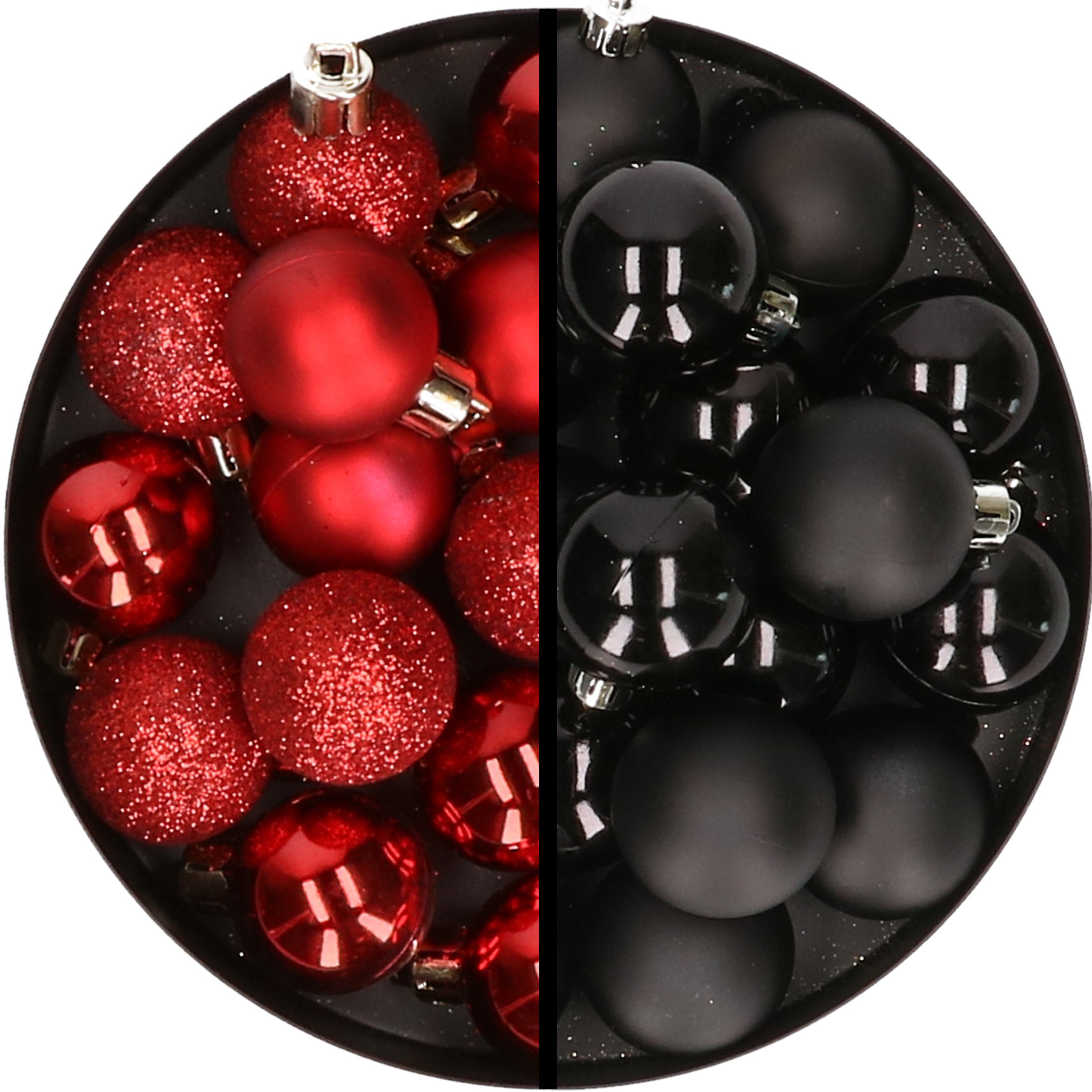 36x stuks kunststof kerstballen rood en zwart 3 en 4 cm