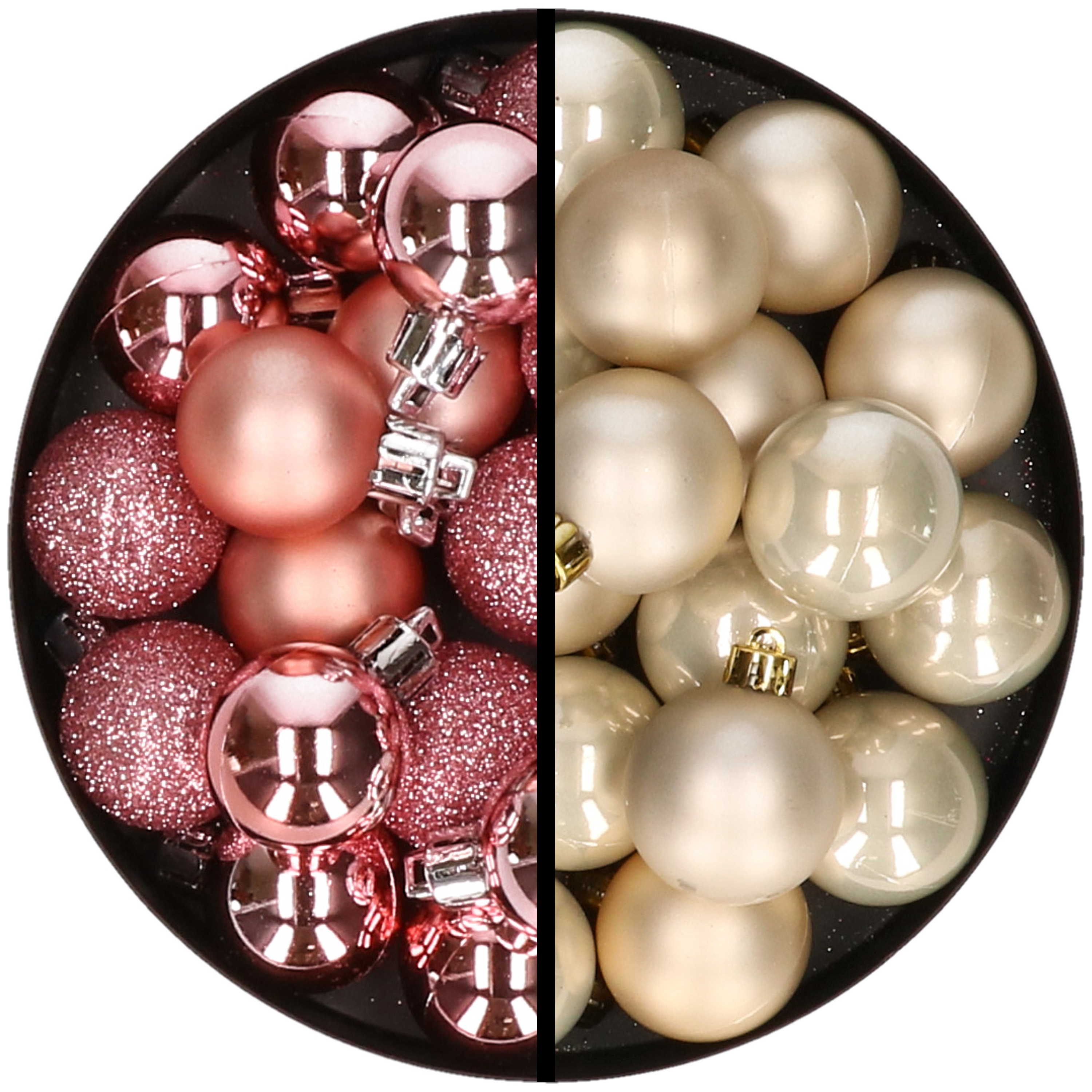 36x stuks kunststof kerstballen roze en champagne 3 en 4 cm