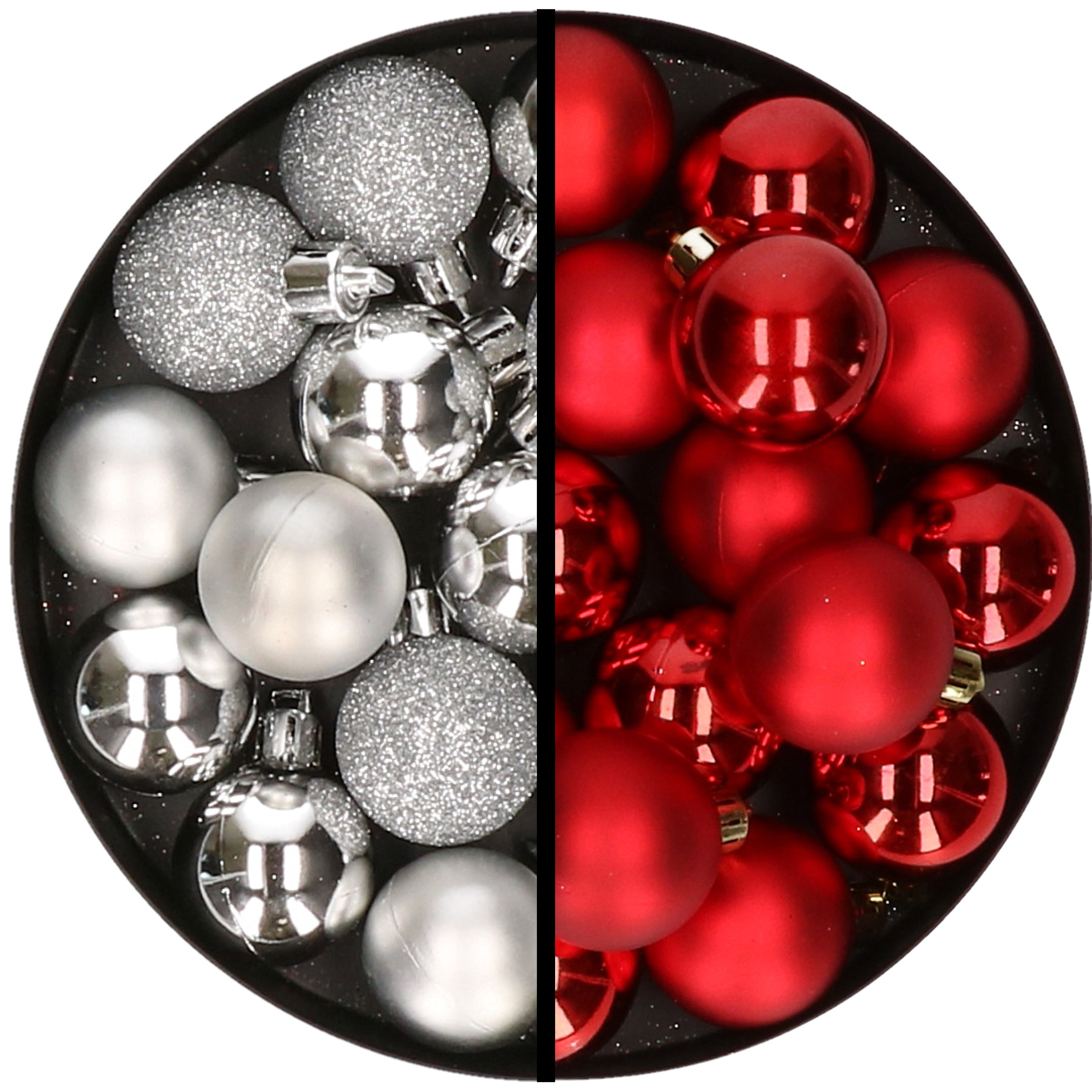36x stuks kunststof kerstballen zilver en rood 3 en 4 cm