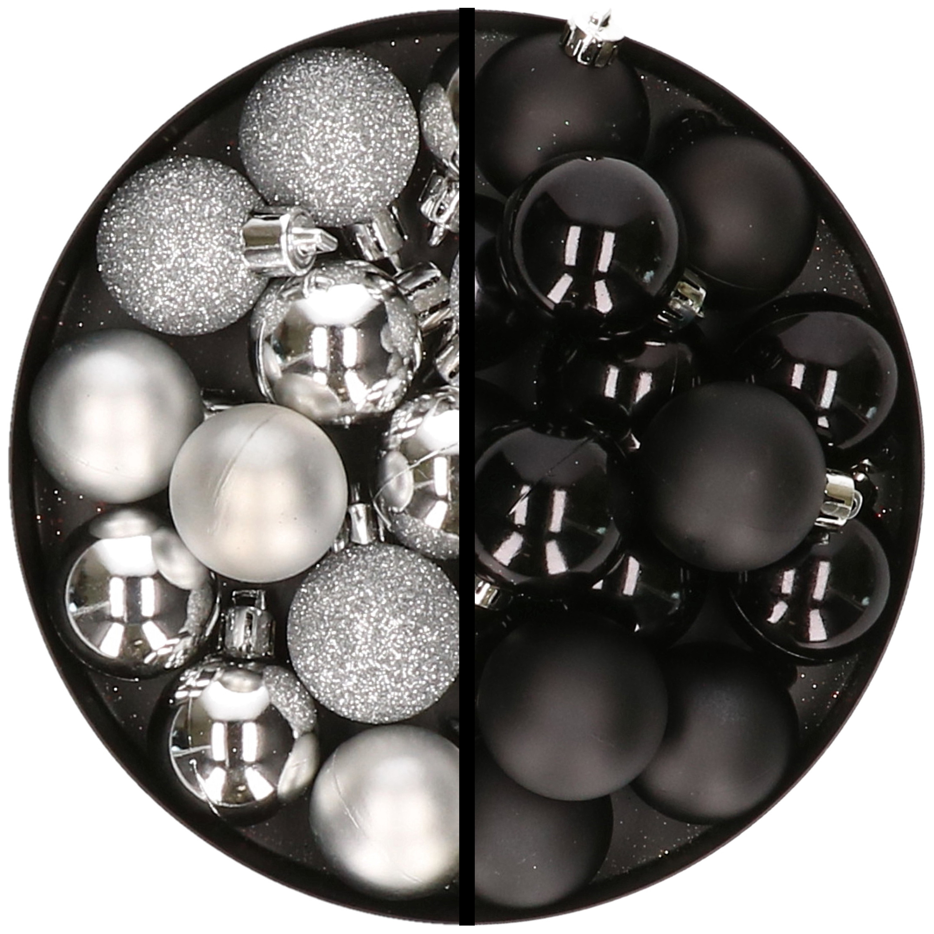 36x stuks kunststof kerstballen zilver en zwart 3 en 4 cm