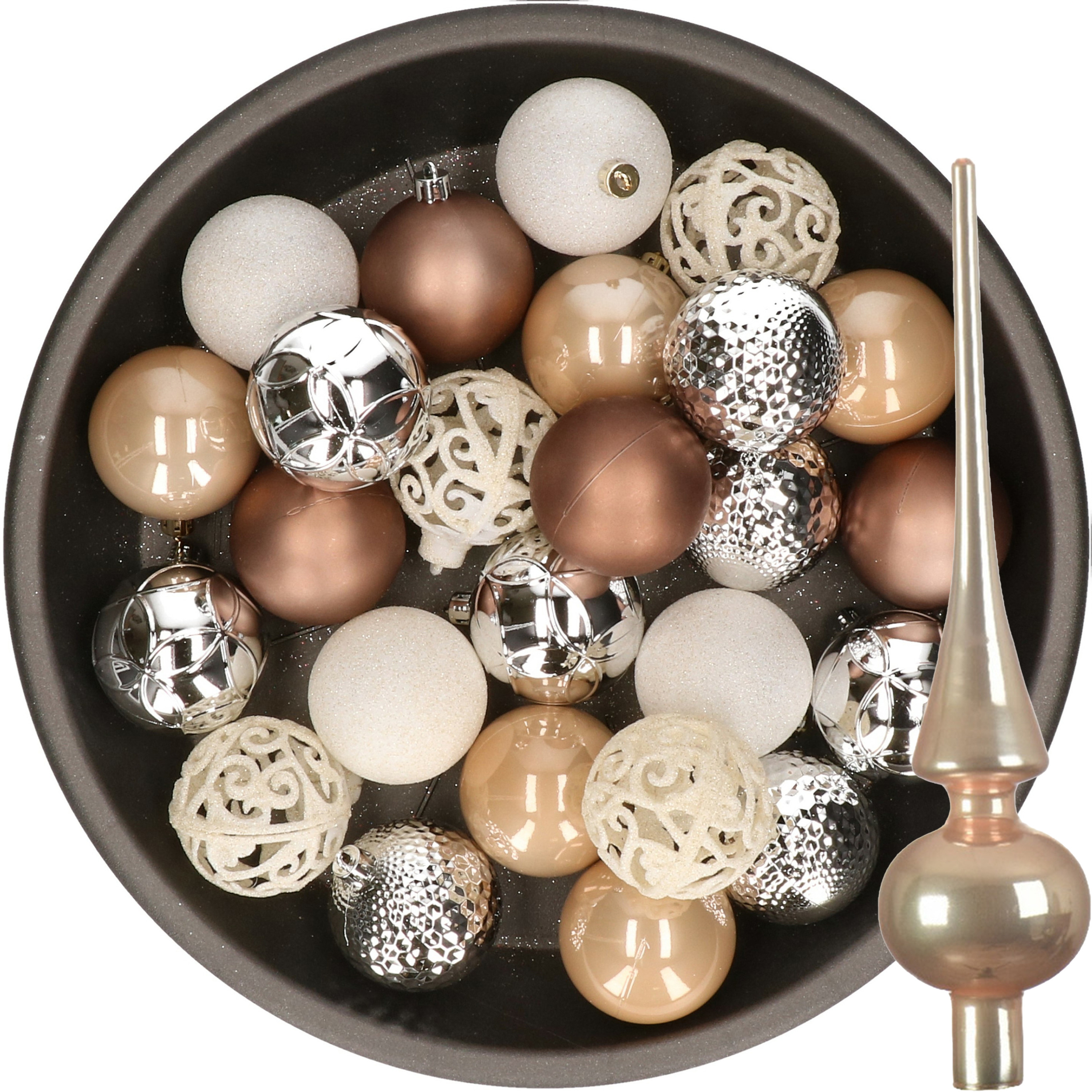 37x stuks kunststof kerstballen 6 cm incl. glazen piek bruin-zilver-wit