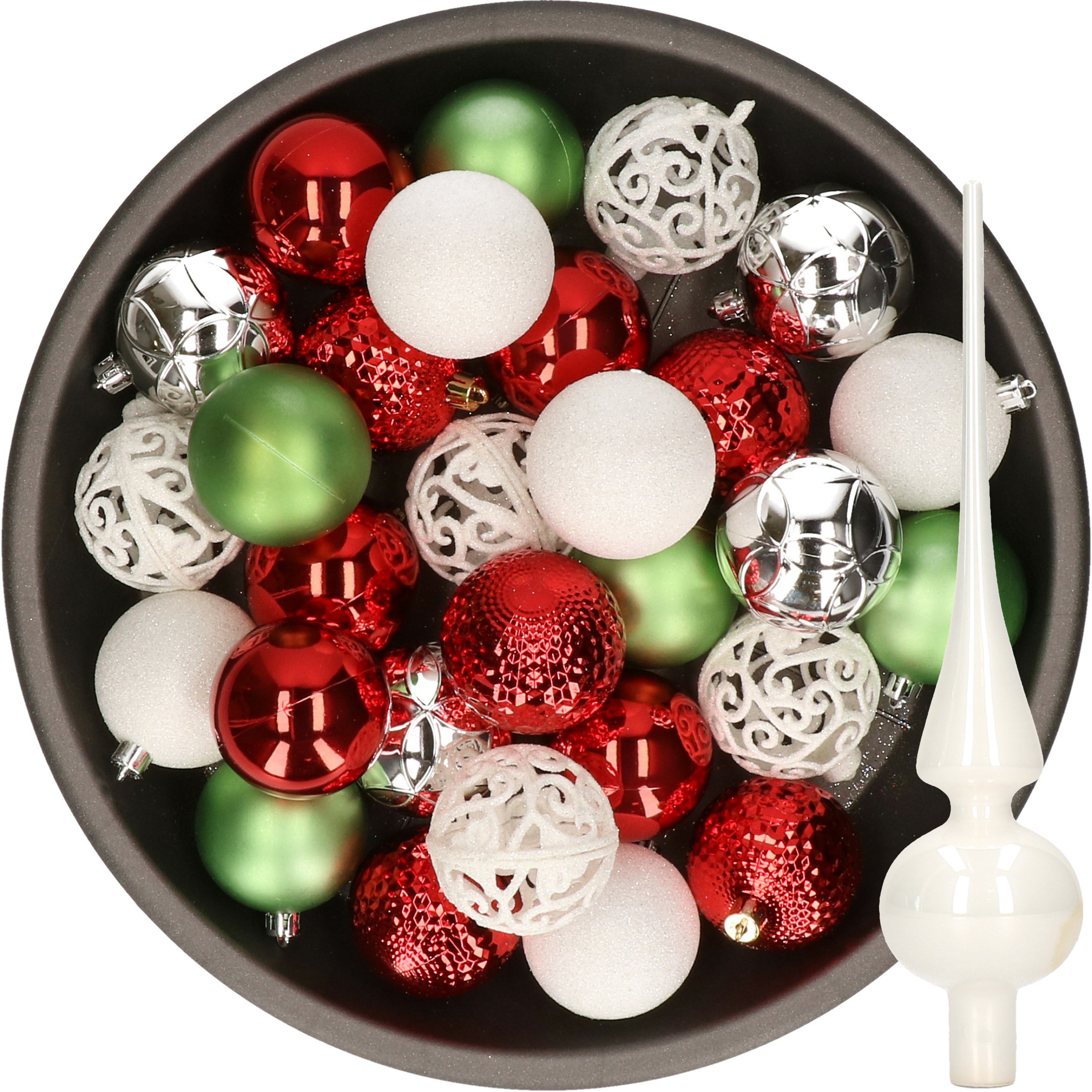 37x stuks kunststof kerstballen 6 cm incl. glazen piek wit-rood-zilver-groen