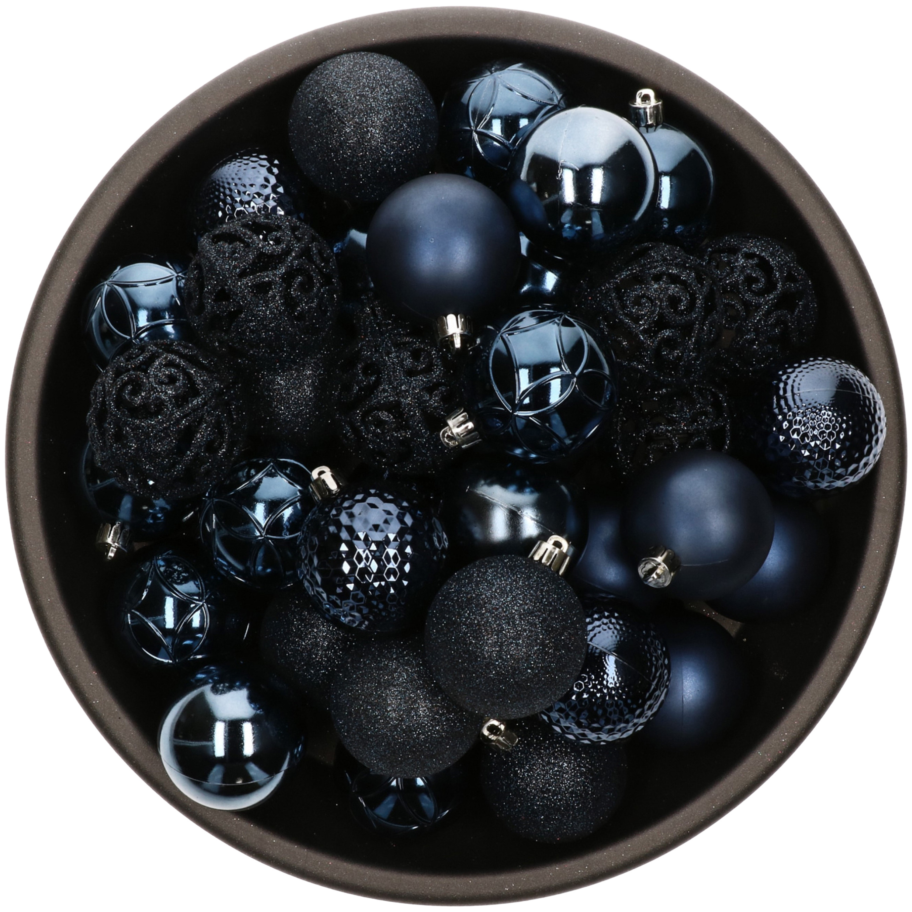 37x stuks kunststof kerstballen donkerblauw 6 cm glans/mat/glitter mix