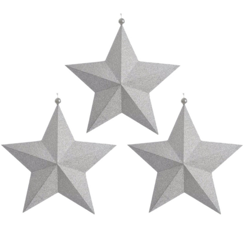3x stuks kerstversiering hangdecoratie sterren glitter zilver 34 cm