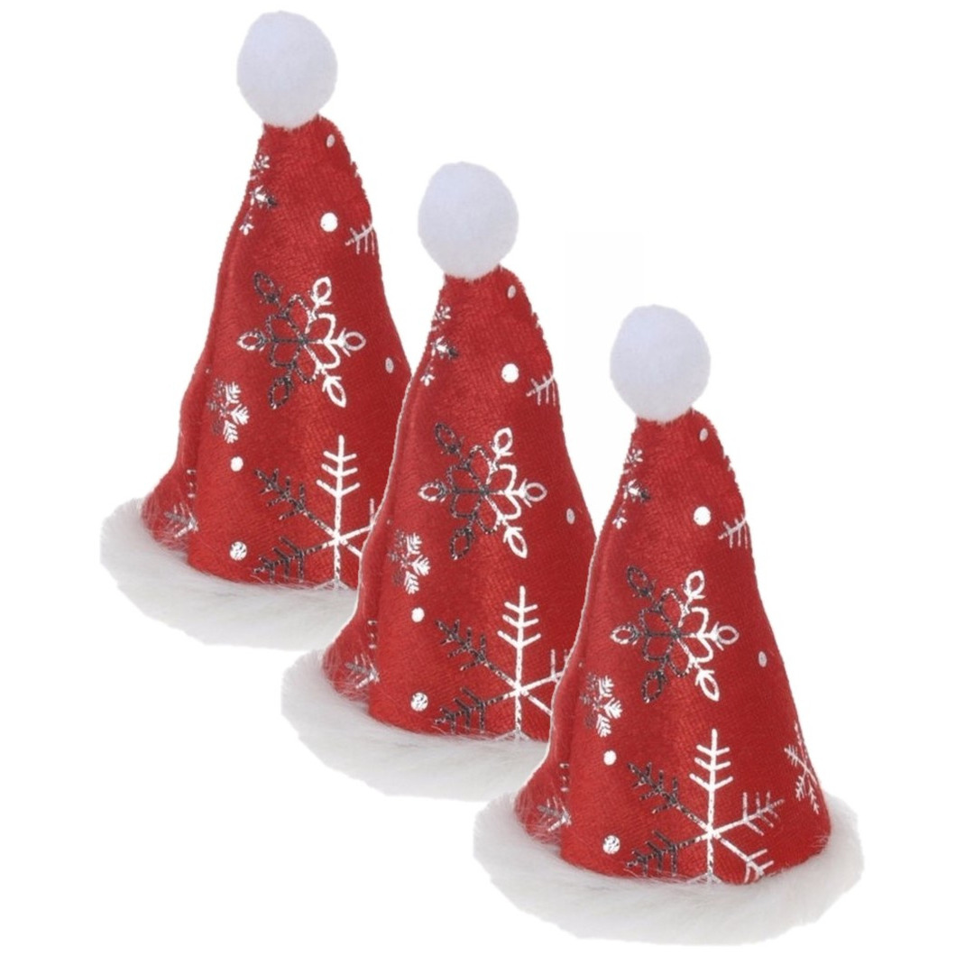 6x stuks kleine kerstmutsjes met sneeuwvlokken op clip