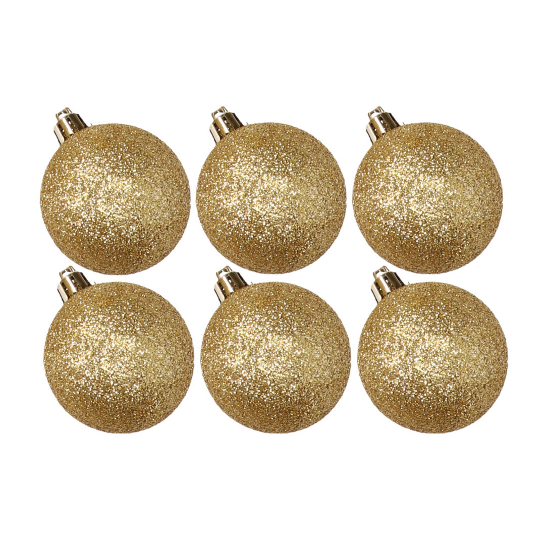 6x stuks kunststof glitter kerstballen goud 6 cm