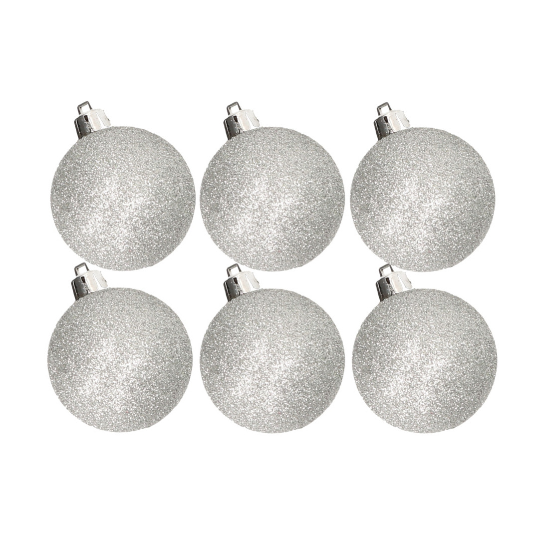 6x stuks kunststof glitter kerstballen zilver 6 cm