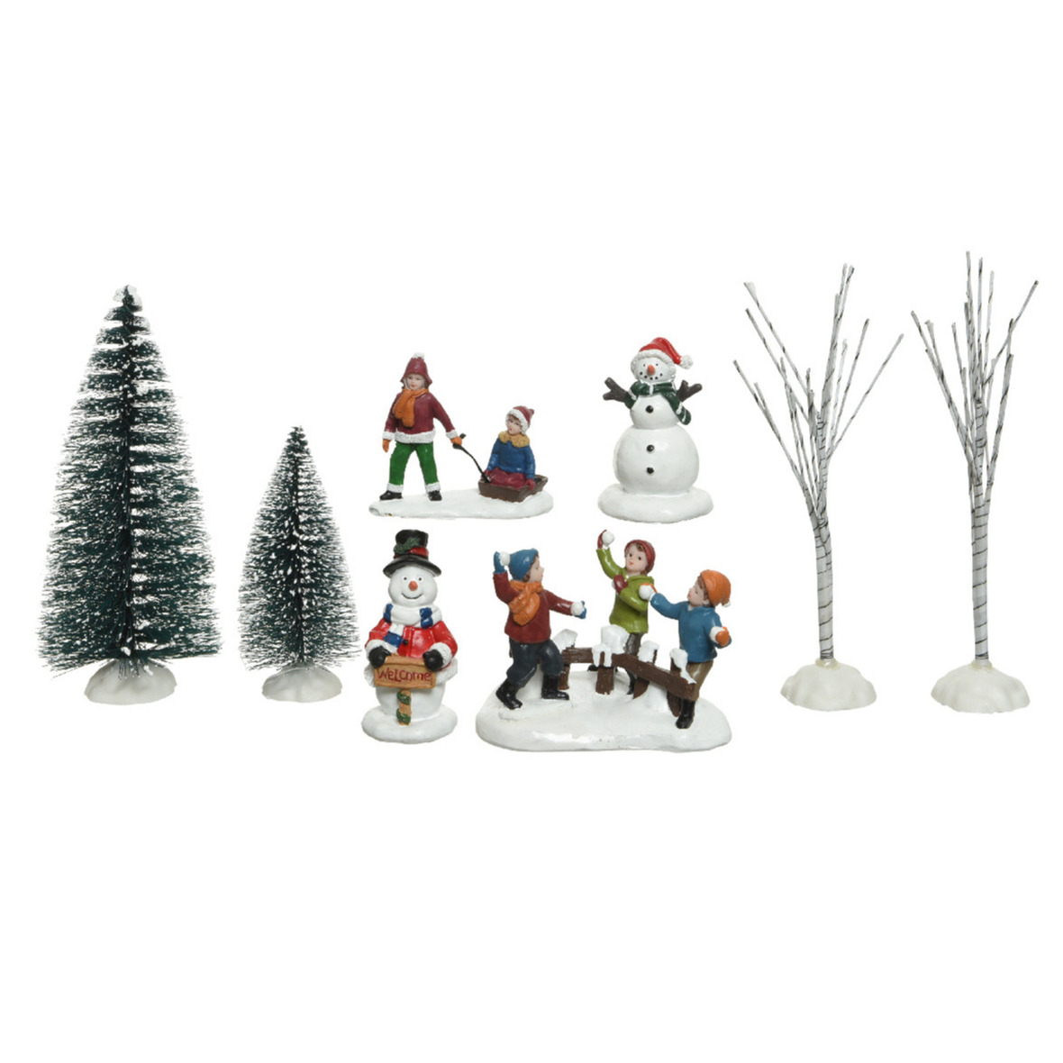 8x stuks kerstdorp accessoires figuurtjes/poppetjes en kerstboompje