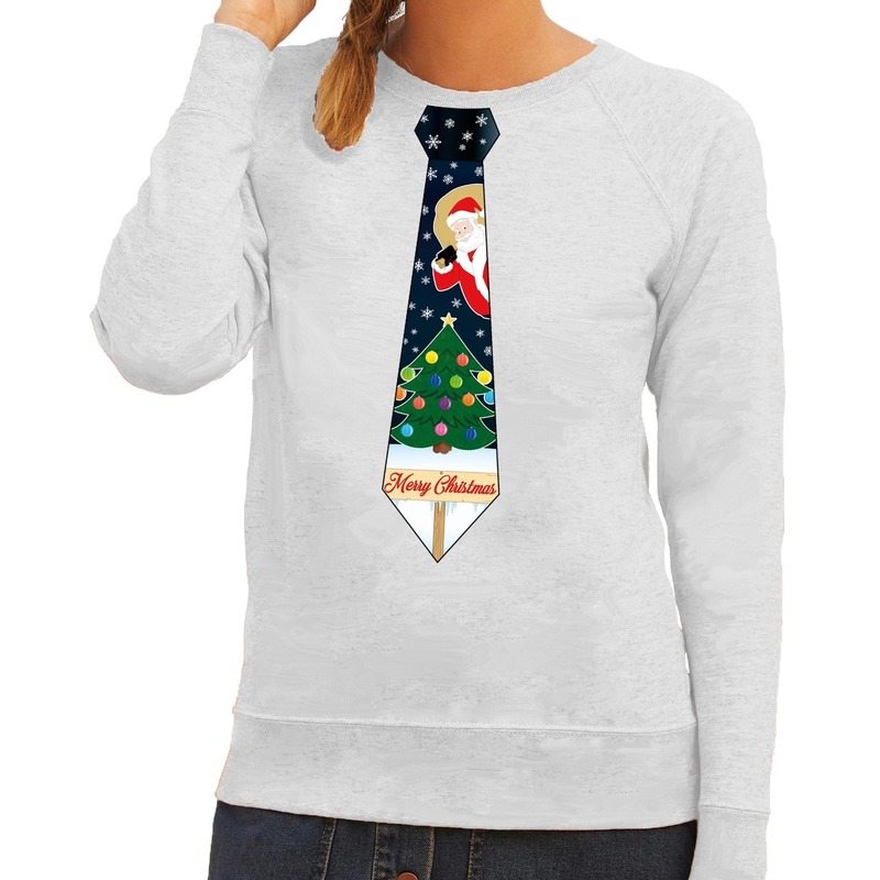 Foute kerst sweater met kerstmis stropdas grijs voor dames