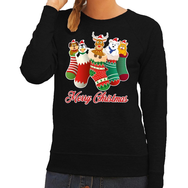 Foute kerstborrel trui zwart kerstsokken met diertjes voor dames