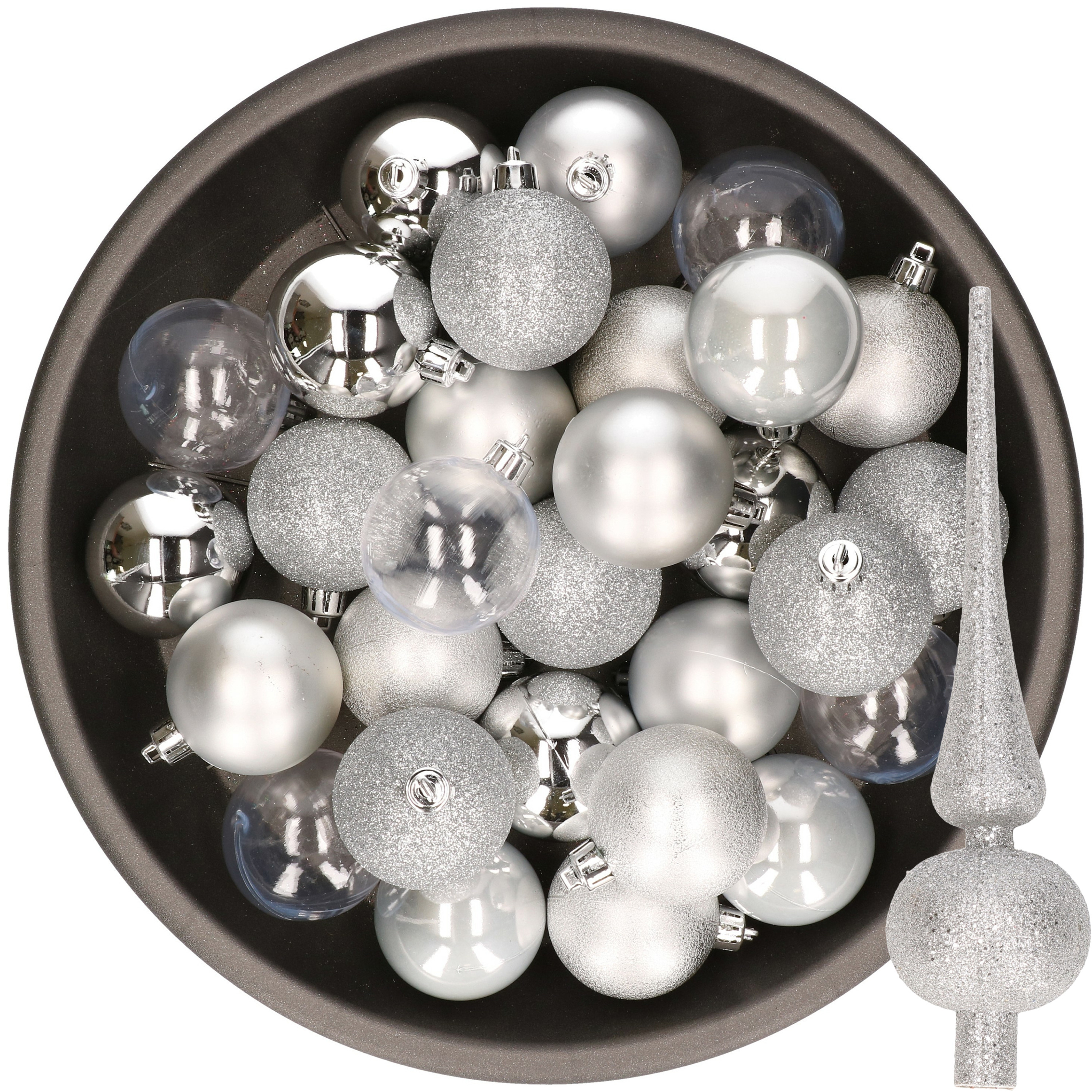 Kerstballen 48x stuks 6 cm incl. glitter piek zilver kunststof
