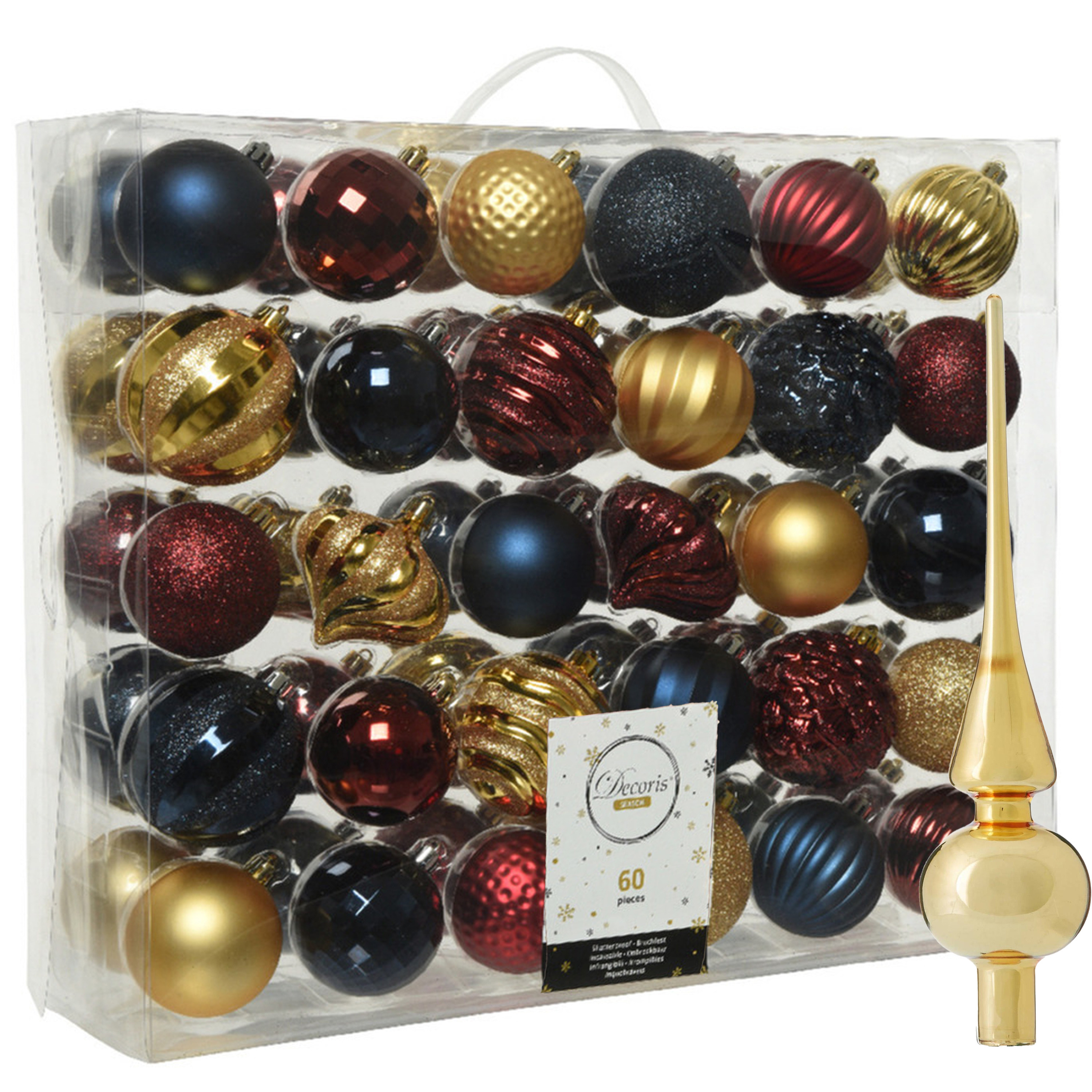 Kunststof kerstballen 60x stuks 6-7 cm met glazen piek goud-blauw-rood