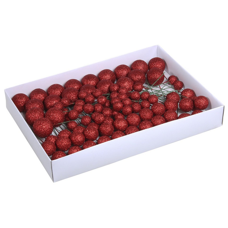 Voordeelverpakking rode glitter kerstballetjes instekers 2, 3 en 4 cm