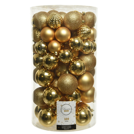 100x Kunststof kerstballen mix goud 4-5-6-7-8 cm kerstboom versiering/decoratie