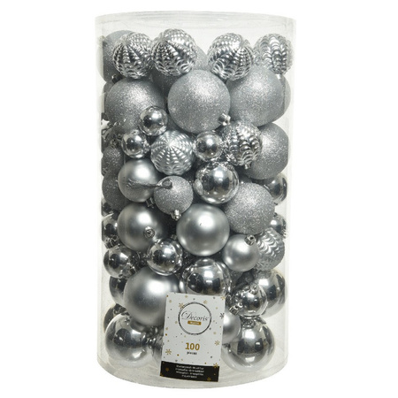 100x Kunststof kerstballen mix zilver 4-5-6-7-8 cm kerstboom versiering/decoratie