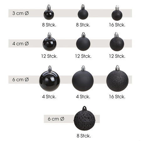 Kerstballen - zwart - 100ST - 3-4-6 cm - kunststof - mix - glans/mat/glitter