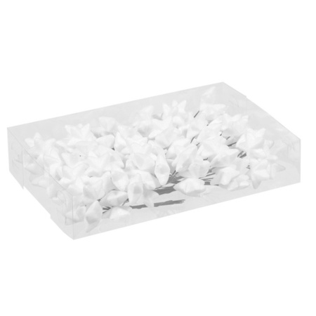 108x White glitter mini baubles on wires 3 cm plastic