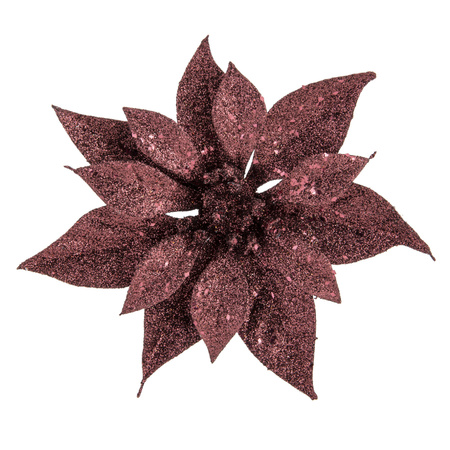 10x stuks decoratie bloemen kerstster donkerrood glitter op clip 18 cm