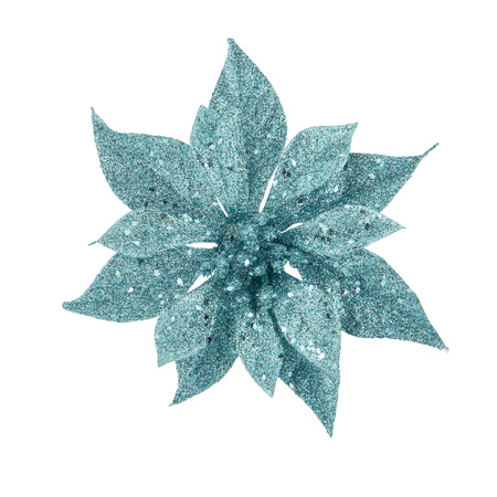 10x stuks decoratie bloemen kerstster ijsblauw glitter op clip 18 cm