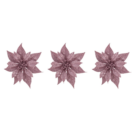 10x decoration flowers poinsettia on clips pink glitter 18 cm