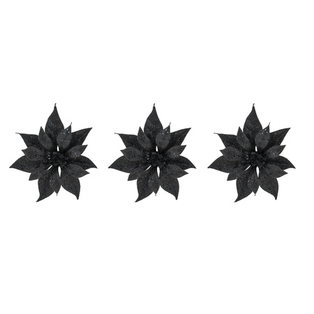 10x stuks decoratie bloemen kerstster zwart glitter op clip 18 cm