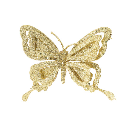10x stuks decoratie vlinders op clip glitter goud 14 cm