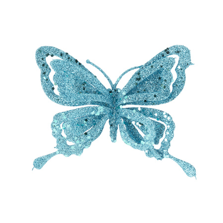 10x stuks decoratie vlinders op clip glitter ijsblauw 14 cm