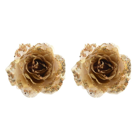 10x pieces golden glitter rose with clip 14 cm