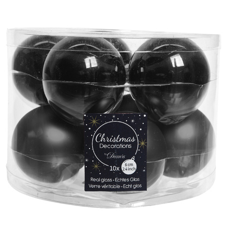 10x Christmas balls black of glass 6 cm